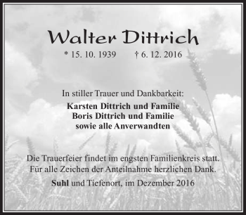 Traueranzeige von Walter Dittrich von Südthüringer Presse