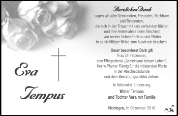 Traueranzeige von Eva Tempus von Südthüringer Presse