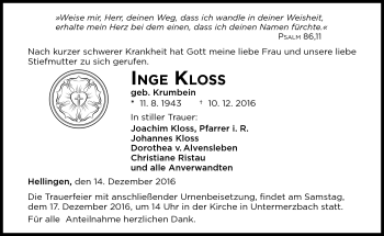 Traueranzeige von Inge Kloss von Neue Presse Coburg