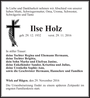 Traueranzeige von Ilse Holz von Südthüringer Presse