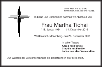 Traueranzeige von Martha Tichai von Frankenpost