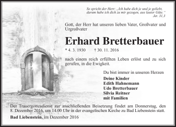 Traueranzeige von Erhard Bretterbauer von Südthüringer Presse
