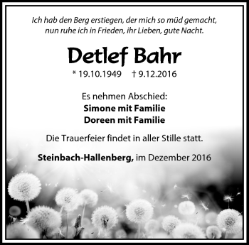Traueranzeige von Detlef Bahr von Südthüringer Presse
