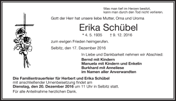 Traueranzeige von Erika Schübel von Frankenpost