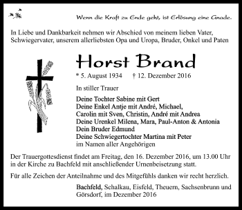 Traueranzeige von Horst Brand von Südthüringer Presse