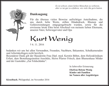 Traueranzeige von Kurt Wenig von Südthüringer Presse