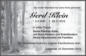 Traueranzeige von Gerd Klein von Südthüringer Presse
