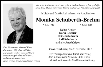 Traueranzeige von Monika Schuberth-Brehm von Neue Presse Coburg