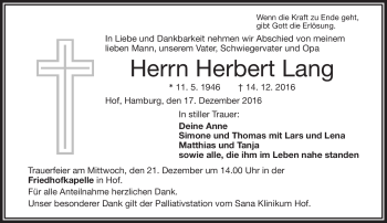 Traueranzeige von Herbet Lang von Frankenpost