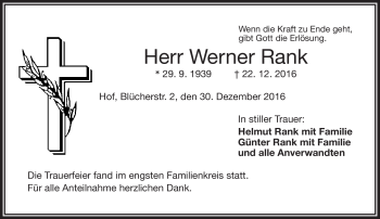 Traueranzeige von Werner Rank von Frankenpost