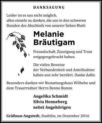 Traueranzeige von Melanie Bräutigam von Südthüringer Presse