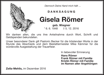 Traueranzeige von Gisela Römer von Südthüringer Presse