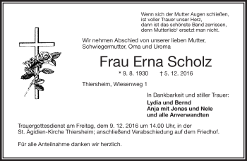 Traueranzeige von Erna Scholz von Frankenpost