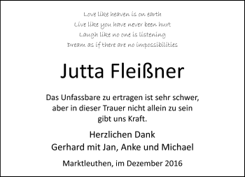 Traueranzeige von Jutta Fleißner von Frankenpost
