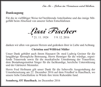 Traueranzeige von Lissi Fischer von Südthüringer Presse