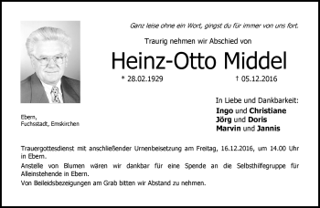 Traueranzeige von Heinz-Otto Middel von Neue Presse Coburg