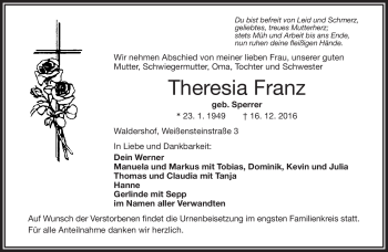 Traueranzeige von Theresia Franz von Frankenpost