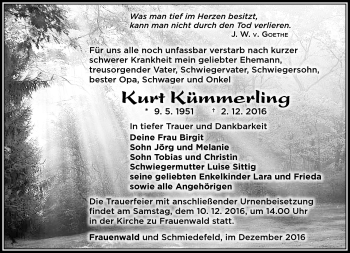 Traueranzeige von Kurt Kümmerling von Südthüringer Presse