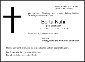 Traueranzeige von Berta Nahr von Frankenpost