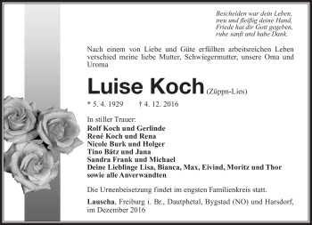 Traueranzeige von Luise Koch von Südthüringer Presse