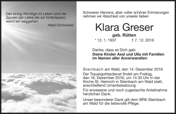 Traueranzeige von Klara Greser von Neue Presse Coburg