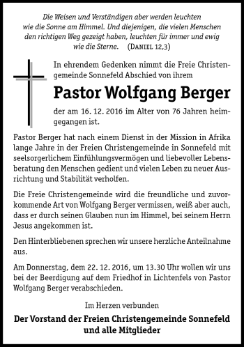 Traueranzeige von Wolfgang Berger von Neue Presse Coburg