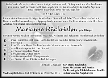 Traueranzeige von Marianne Rückriehm von Südthüringer Presse