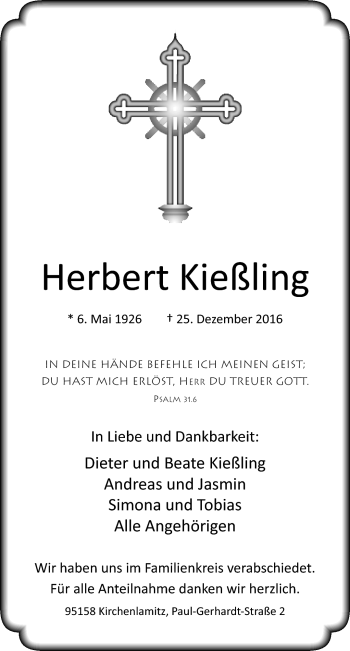 Traueranzeige von Herbert Kießling von Frankenpost