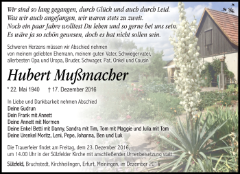 Traueranzeige von Hubert Mußmacher von Südthüringer Presse