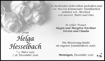 Traueranzeige von Helga Hesselbach von Südthüringer Presse