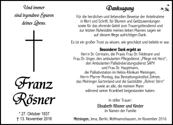Traueranzeige von Franz Rösner von Südthüringer Presse