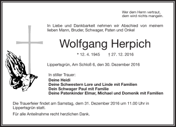 Traueranzeige von Wolfgang Herpich von Frankenpost