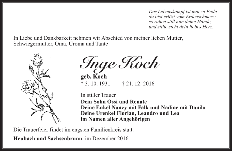  Traueranzeige für Inge Koch vom 28.12.2016 aus Südthüringer Presse