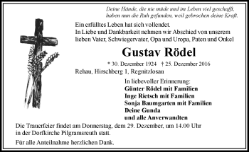 Traueranzeige von Gustav Rödel von Frankenpost