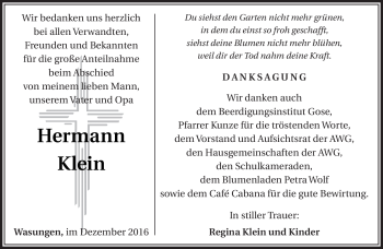 Traueranzeige von Hermann Klein von Südthüringer Presse