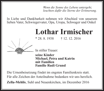 Traueranzeige von Lothar Irmischer von Südthüringer Presse