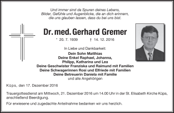 Traueranzeige von Dr. med. Gerhard Gremer von Neue Presse Coburg
