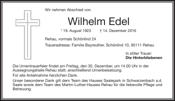 Traueranzeige von Wilhelm Edel von Frankenpost