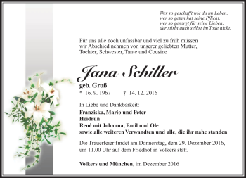Traueranzeige von Jana Schiller von Südthüringer Presse