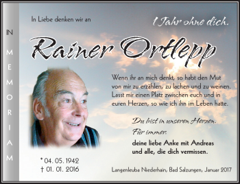 Traueranzeige von Rainer Ortlepp von Südthüringer Presse