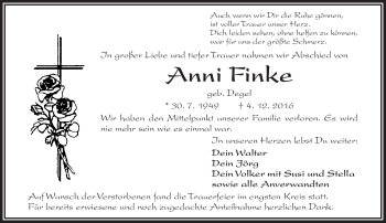 Traueranzeige von Anni Finke von Frankenpost