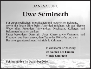 Traueranzeige von Uwe Semineth von Südthüringer Presse