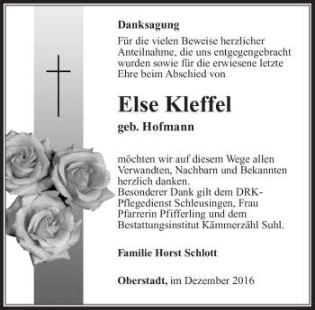 Traueranzeige von Else Kleffel von Südthüringer Presse