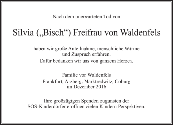 Traueranzeige von Silvia Freifrau von Waldenfels von Frankenpost