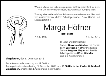 Traueranzeige von Marga Höfner von Neue Presse Coburg