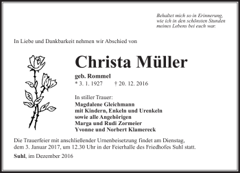 Traueranzeige von Christa Müller von Südthüringer Presse