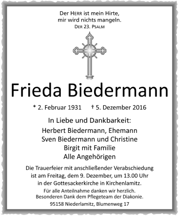 Traueranzeige von Frieda Biedermann von Frankenpost