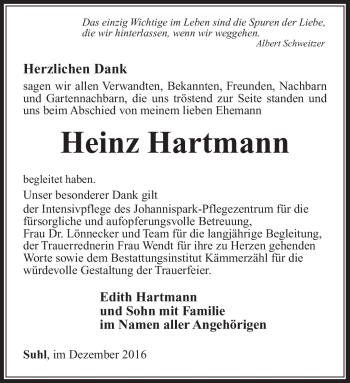 Traueranzeige von Heinz Hartmann von Südthüringer Presse