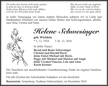 Traueranzeige von Helene Schwesinger von Südthüringer Presse