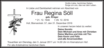 Traueranzeige von Regina Söll von Frankenpost